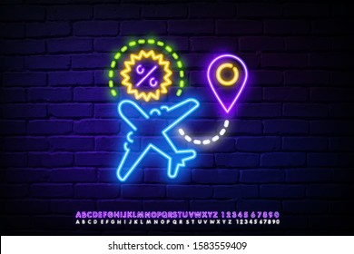 plane neon sign. Glowing neon plane with percent sign. Night information billboard. Vector illustration in neon style for information desk in airport.