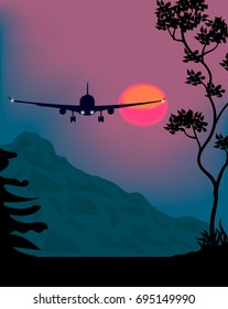 Plane at night in the mountains, nature, night landscape, night in the mountains, night flight, sunset, evening