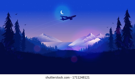Plane in night sky - Airplane flying over a northern landscape at nighttime with half moon, mountains, ocean and forest. Traveling, vacation, going far away concept. Vector illustration.