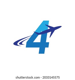 Plane with number 4 initial letter Travel logo vector template