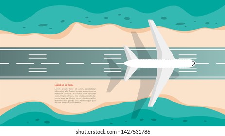 Plane on the airstrip top view. Aviation concept. Idea of tourism and transportation. Vector illustration in cartoon style