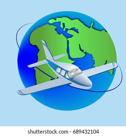 The plane on the background of the globe flying around