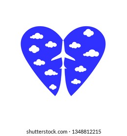 Plane on the background of the heart. Heart in the form of the sky with clouds