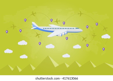 The plane on a background map of the world. Flat vector web banner on the theme of travel by airplane, vacation, adventure