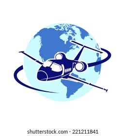 plane on the background of the planet symbol of air transportation