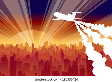 Plane on background rising sun and city