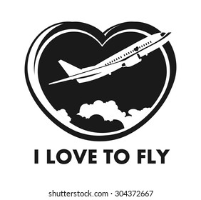 The plane on a background of the sky in the shape of a heart logo on a white background Black and white in color