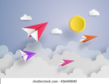  plane on blue sky with cloud.paper art and  digital craft style