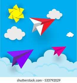 plane on blue sky with cloud.paper art style