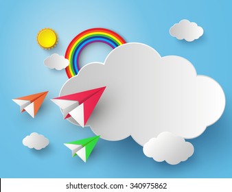 plane on blue sky with rainbow.paper art style.