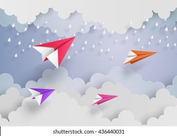 plane on blue sky with the raining.paper art style.
