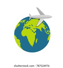 Plane on earth icon. Flat illustration of plane on earth vector icon isolated on white background