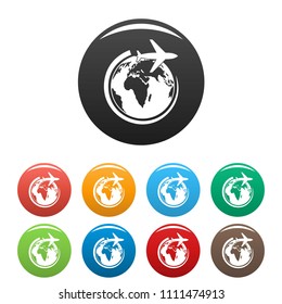 Plane on earth icon. Simple illustration of plane on earth vector icons set color isolated on white