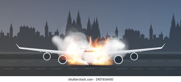 A plane on fire on the runway. Airplane crash or wreck concept. Foreground. Vector illustration.