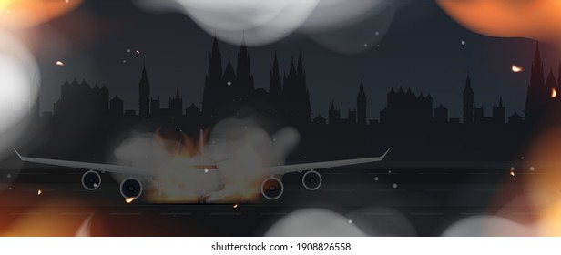 The plane is on fire on the runway. Banner with space for text. Airplane crash or crash concept. Foreground. Vector illustration.
