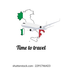 Plane on the Italy map painted in national flag colors. Travel poster template. Flying airplane. Vector illustration.