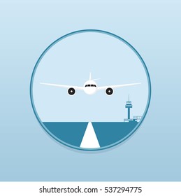 Plane on landing strip, in front of airport, flat style illustration vector