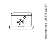 Plane on laptop screen. Device in airplane mode. Travel booking and ticket access. Pixel perfect, editable stroke icon