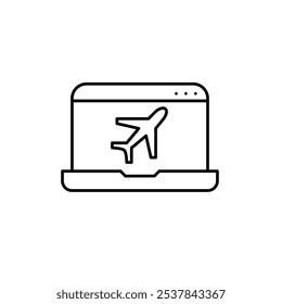 Flugzeug auf Laptop-Bildschirm. Gerät im Flugzeugmodus. Reisebuchung und Ticketzugang. Pixel perfekt, bearbeitbares Strichsymbol