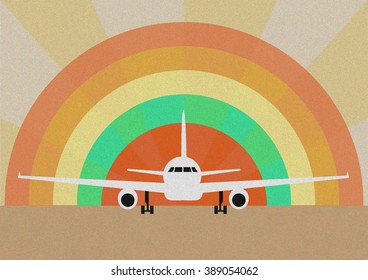 The plane on the runway. Vector illustration. Retro style.
White plane on rainbow colored background.