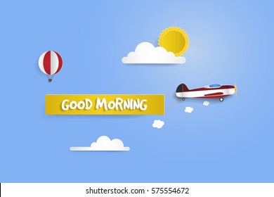 Plane on the sky bring banner, vector illustration using paper cut style