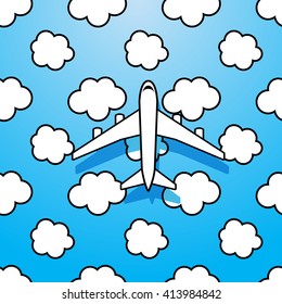Plane on sky with clouds. Abstract travel the world background