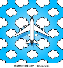 Plane on sky with clouds. Abstract travel the world background