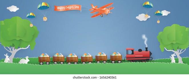 Planen Sie in der Frühlingssaison am Himmel in der Natur und trainieren Sie auf grünem Gras.FroOstern-Tageskonzept.Vektorillustration Stil moderne Papierhandwerk
