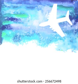Plane on watercolor background. Vector