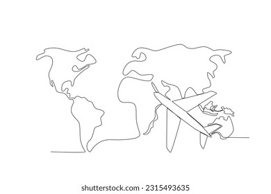  plano en el mapa del mundo.Dibujo continuo de una línea del diseño de ilustración vectorial minimalista del atlas mundial. línea simple estilo gráfico moderno. Concepto gráfico dibujado a mano para la educación