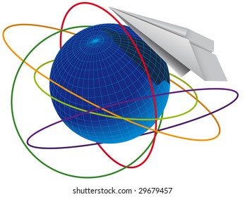 The plane origami on a background of a planet in a vector isolated on a white background
