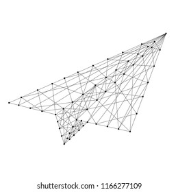 Plane origami paper from futuristic polygonal black lines and dots. Vector illustration.