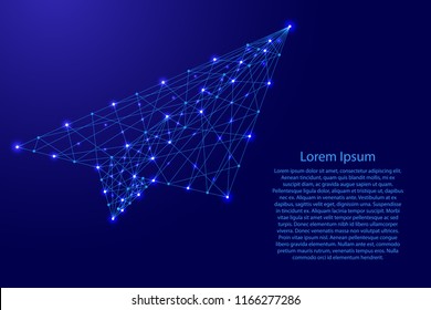 Plane origami paper from futuristic polygonal blue lines and glowing stars for banner, poster, greeting card. Vector illustration.