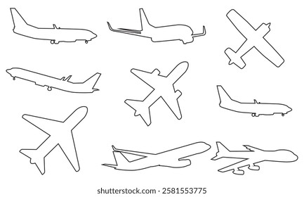 Plane outline icon set. Airplane silhouettes. 