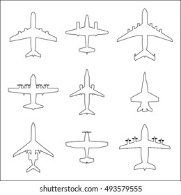 Plane outline icon set. Airplane silhouettes. Vector illustration.