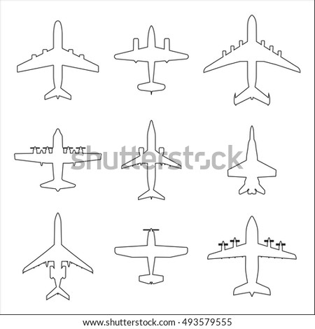 Plane outline icon set. Airplane silhouettes. Vector illustration.