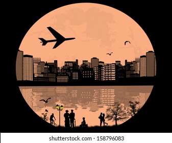 Plane over the city, vector illustration