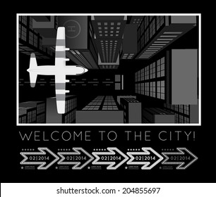 Plane over the city. Vector infographics illustration