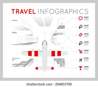 Plane over the city. Vector infographics illustration
