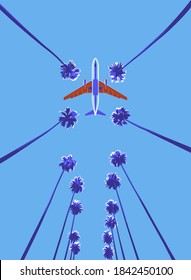 Plane over palm trees in warm countries. A trip to the Miami coast. View from below into take-off flight. Alea Palma in front of the airport. Vertical banner of rest on the islands. Vector 