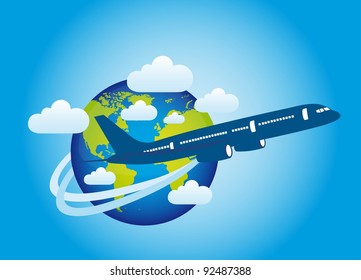 plane over planet with clouds over blue background. vector