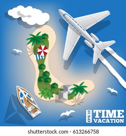 A plane over a tropical island. View from above. Vector illustration.