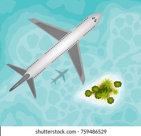 Plane over tropical paradise island
