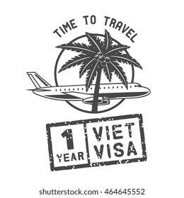 Plane and palm on a background of the sun. "Travel Time" inscriptions. Stamp visa. A vector graphic art illustration.