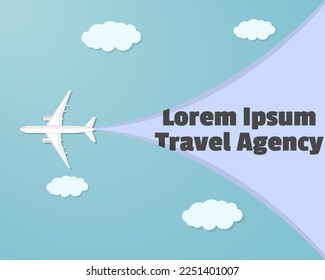 Plane and paper cut effect with text area vector banner, travel agency and tourism concept, copy space or blank area for text, top view passenger plane with clouds