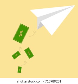 plane paper drop dollar on pastel background.