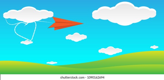 plane paper flying above green grass with blue sky and white clouds background, nature green land concept. vector art and  illustration, love earth love forest concept.