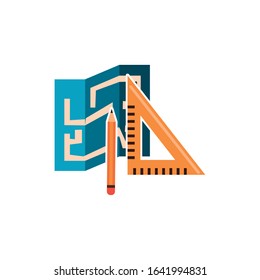 plane paper with rule and pencil construction detailed style vector illustration design