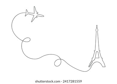 Plane to Paris drawn in one continuous line. One line drawing, minimalism. Vector illustration.