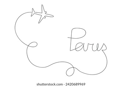 Plane to Paris drawn in one continuous line. One line drawing, minimalism. Vector illustration.